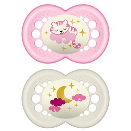 MAM Night Pacifiers (2 Pack, 1 Sterilizing Pacifier Case), MAM Pacifiers 6+ Months, Best Pacifier for Breastfed Babies, Glow in the Dark Pacifier, Baby Girl Pacifiers
