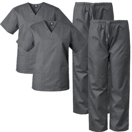 Medgear 2-Pack Scrubs for Men and Women Scrubs Set Medical Uniform Scrubs Top and Pants Charcoal/Charcoal