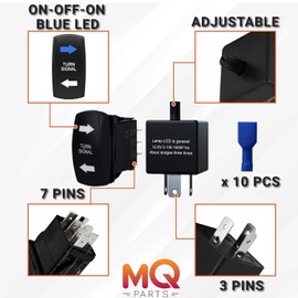 MQparts Blue LED Lamp 7-PIN Turn Signal Rocker Switch (ON-Off-ON DPDT Switches) with 3-PIN CF13 Adjustable Flasher Relay for Car UTV ATV Motorcycle Truck Trailer Caravan SUV