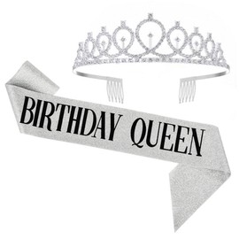 Andy's Orchids Birthday Queen Sash and Headband, Silver Birthday Queen Crowns for Women, Princess Rhinestone Tiaras and Crowns with Combs, Birthday Party Decoration, Hair Accessories
