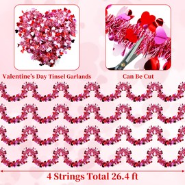 4 Strings Total 26.4 ft Valentines Tinsel Garlands - Each 6.6 ft Metallic Fringe Garland with Hearts Hanging Glitter Streamers for Wedding, Engagement, Anniversaries, Romantic Love Decorations
