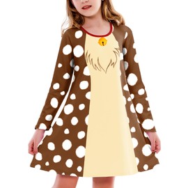 Reindeer Dresses for Girl Long Sleeve Deer Printed Brown Dress Cute Xmas Swing Dresses 9-10 Years