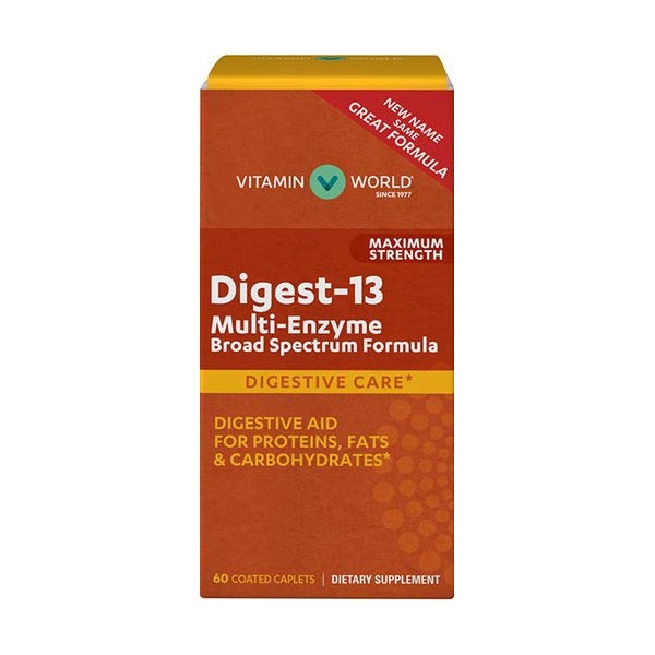 Vitamin World Digest-13 Multi-Enzyme Broad Spectrum Formula Maximum Strength 60 Coated caplets