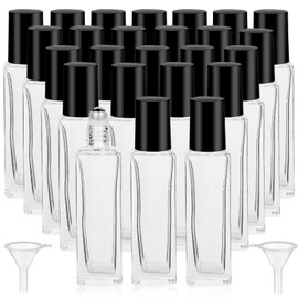 Hzmssore 25 Pcs 10 ml Roller Bottles for Essential Oils, Square Thick Empty Glass Roller Bottles with Stainless Steel Roller Balls Protection Leakproof with 2 Funnel for Travel, Black