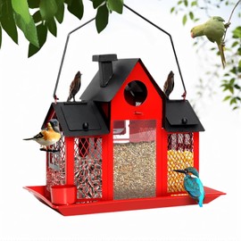Solar Bird Feeders House for Outdoors Hanging, 7LBS Large Capacity Metal Wild Bird Feeder Squirrel Proof for Outside with Water Cup, Cardinal Birdfeeder Birdhouses Gift for Bird Lovers (Red)