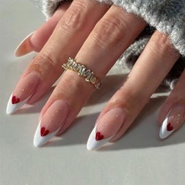 Valentine's Day Press on Nails Almond Medium Fake Nails with Designs NEWSPIED French Tip False Nails Red Love Heart Acrylic Nails White Nail Tips Stick on Nails Reusable Glue on Nails for Women 24Pcs