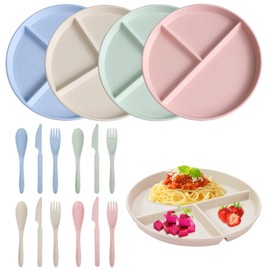 Divided Dinner Plate Set, 4 Pieces Divided Plates with Dividers, Divided Dinner Plates Sets with 3 Compartments Plates and 4 Pieces Cutlery Set for Adults Children School Office Home Party 4 Colours