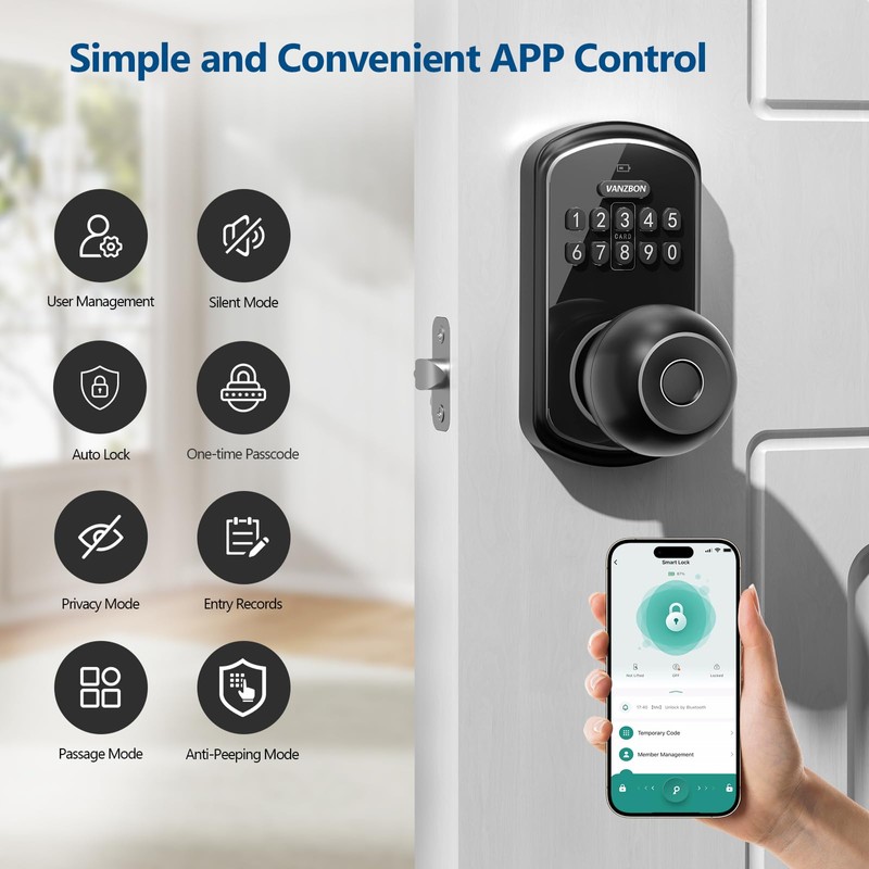 VANZBON Smart Door Knob Lock with Keypad,Keypad Door Knob with