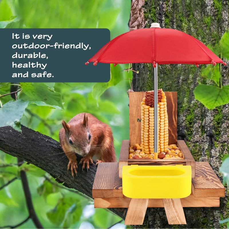 MIXXIDEA Wooden Squirrel Feeder Table with Water Bowl, Squirrel Picnic