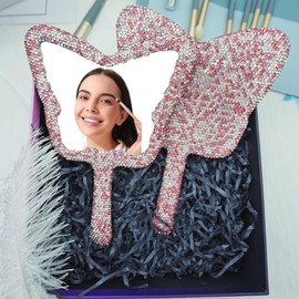 Frinnovan Rhinestone Mirror Handheld Butterfly Shaped Bling Lashes Hand Mirrors Shining Glitter Cosmetic Dazzling Mirror Portable Makeup Mirror Pink