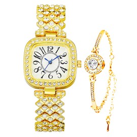 ADSBIAOYE Fashion Luxury Vintage Diamond Square Watch Digital dial Quartz Women's Watch (Gold 01)
