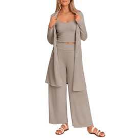 PRETTYGARDEN Women's Spring 3 Piece Pajamas Lounge Sets Fall Ribbed Knit Long Cardigan Cropped Tank Tops Wide Leg Pants (Khaki,Small)