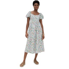 MOON RIVER Women's Puff Sleeve Corset Midi Dress, Ivory Multi, XS