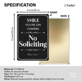 Smile You're On Camera No Soliciting Thank You Metal Sign for Yard Front Door 12x8 Inch Warning Tin Sign Black Hanging Plaque Home Office Garage Wall Decor