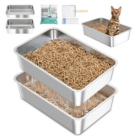 DOWANQO Sifting Stainless Steel Litter Box for Pine Pellets, High Side Metal Cat Litter Pan Tray, Odor Control, Easy Cleaning, with Scoop & Liners & 6.6LB Cat Litter, Grey