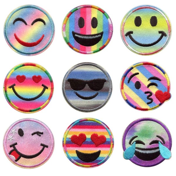 ADAPLAZA Sew-On Emoji Patches Iron-On Glitter - 6.3 cm - Smile Patch Sticker Clothes Cushion Iron-On Patch Children's Patches Jeans