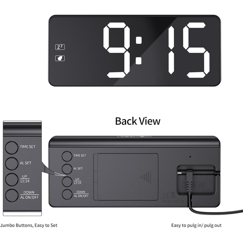 KWANWA Digital Alarm Clock with Large LED Display, Brightness Adjustable,