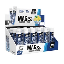 All Stars Mag 250 I flüssiges Magnesium + Vitamin C I 18 Ampullen à 25ml I 250mg Magnesium + 120mg Vitamin C pro Trinkfläschchen I Liquid Fitness-Supplement Magnesium hochdosiert