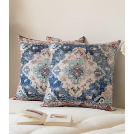 Vorysum Cushion Cover, 50 x 50 cm, Bohemian Decorative Autumn Cushion Covers, Vintage Cushion Cover, Set of 2, Blue Cushion, Velvet Sofa Cushion for Living Room, Bedroom, Garden, Decorative