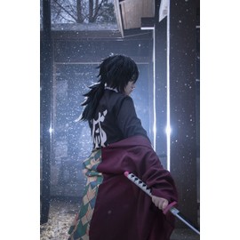 SL Anime Black Cosplay Wigs with Pigtails for Giyuu DS Fluffy Characters Spiky Cosplay Costume Wigs with Cap