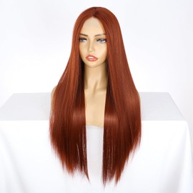 PORSMEER Copper Red Wig Long Straight Straight Wigs for Women/Girls/Afro Natural Synthetic Hair Middle Part Lace Hairline Wig Party/Costume Ginger Orange Wig (Auburn)