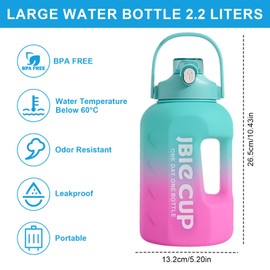 MeYuxg 2.2 Litre Large Water Bottle, Gym Bottle with Straw, Carry Strap & Time Marker, Leak-proof Sports Bottle with Two Spouts for Fitness, Hiking, Camping, Office and School (Powder Blue)