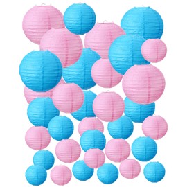 Treela 48 Pcs Paper Lanterns Party Decorations Chinese Round Paper Decor 4/6/8/10 Inch Asian Hanging Lamps Decorative for Birthday Party Supplies (Pink and Blue)