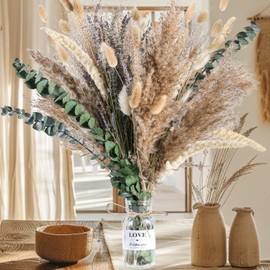 80 PCS 16" Pampas Grass Decor with Glass Vase, Dried Flowers Bouquet with Lavender Eucalyptus, Boho Table Centerpieces Rustic Decor for Entry Way Fireplace Farmhouse Dinning Room Bedroom