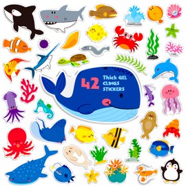 Pack of 42 Marine Animal Gel Clings Stickers, Thick Window Door Clings, Removable, Reusable Stickers for Children, Toddlers, Adults, Home, Classroom Decorations (Not Edible)
