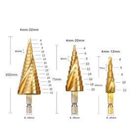 Spiral groove step drill, HSS cone drill for stainless steel, metal, plastic, wood, Ø 4-20mm