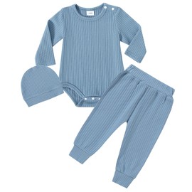 Amissz Newborn Baby Boy Clothes Set, 6-12 months Infant Long Sleeve Romper + Hat + Pants 3pcs Outfits Sets Blue