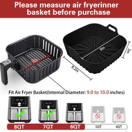 Square Silicone Air Fryer Liners - 9 Inch Reusable Air Fryer Pot - Air Fryer Accessories - Air Fryer Inserts for 6 to 9 QT for Oven Microwave Accessories (9 Inch-Grey+Black)