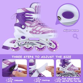 Kids Inline Skates for Girls Boys Beginners Adjustable, All 8 Wheels Illuminating (Purple, Medium (2-5))