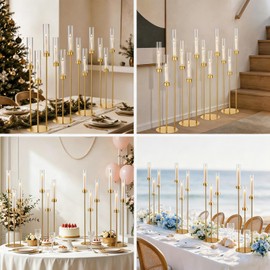Gold 3Arm Candelabra with Acrylic Lampshade for Wedding Table Centerpiece
