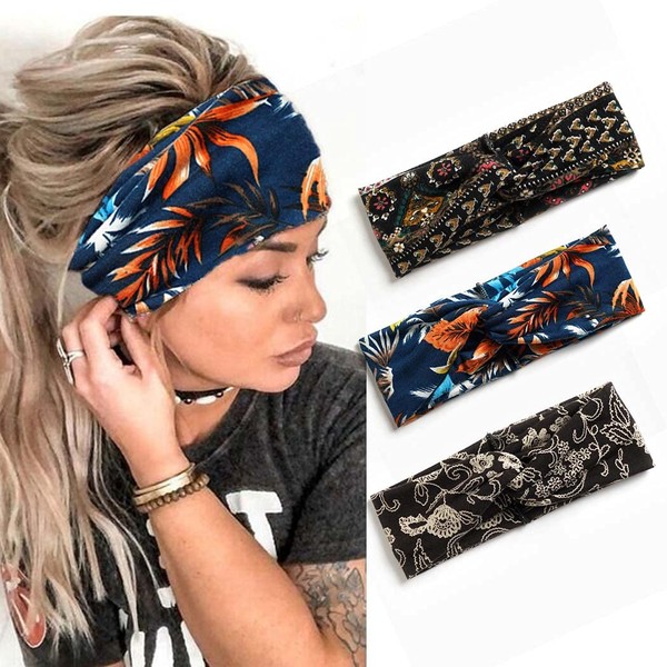 Zoestar Boho Criss Cross Headbands, Black Yoga Head Wraps, Vintage Printed Hair Scarf, Stylish Elastic Hair Bands for Women (Pack of 3) (I)