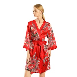 Dynasty Robes 100% Silk, Women's Short Printed Red Robe with Kimono Collar-Imperial Bouquet