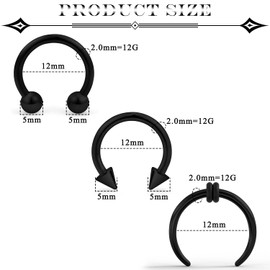 Ovxznts Large Septum Rings 12G PA Ring Horseshoe Barbell Stainless Steel Septum Pincher Tapers Black C Shape Buffalo Stretcher Expander for Women Men