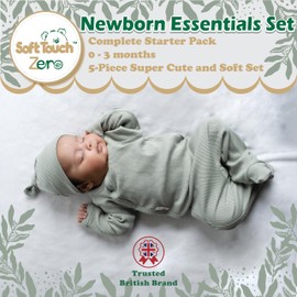 Soft Touch Newborn Essentials 100% Cotton Baby Ribbed Clothes for 0-3 Months 5 Pcs Set Long Sleeve Sleepsuit, Bodysuit, Newborn Hat, Mittens, and Bib for Boys and Girls