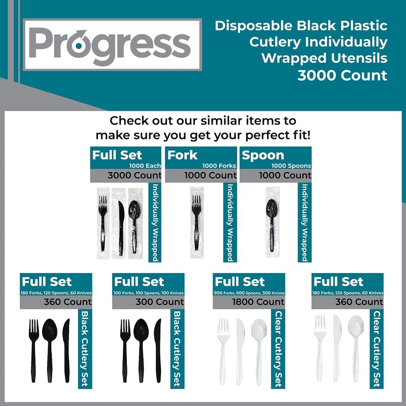 Progress Plastic Cutlery individually wrapped utensils, Heavy Weight black disposable