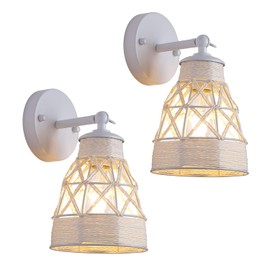 Dijiahua White Wall Sconces Set of 2, Bohemian Modern Light Fixtures with Metal Shade, Farmhouse Handmade Hemp Rope Woven Rattan Craft to Decor Indoor Bedroom, Living Room, Hallway, Kitchen