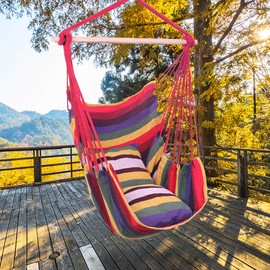 DANGRUUT Best Rope Hammock Chair Swing Seat, Comfortable Cotton Canvas Hanging Chairs, Porch Chair with 2 Soft Pillows for Bedrooms, Any Indoor Or Outdoor Spaces (Red)
