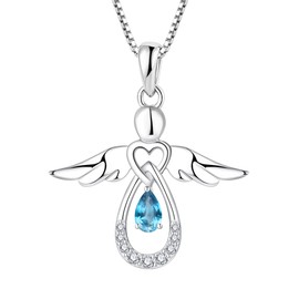 FJ Guardian Angel Necklace 925 Sterling Silver Angel Pendant Aquamarine Necklace March Birthstone Jewelry Gifts for Women