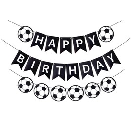 Runhiskii Soccer Happy Birthday Banner, Black Soccer Birthday Sign for Boys Girls Fans Party Decoration