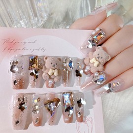 Rhinestones Press on Nails Medium Coffin Fake Nails Luxury 3D Charm False Nails Press ons Cute Bear Decoration Acrylic Glue on Nials Golssy Stick on Nails for Women 24 Pcs