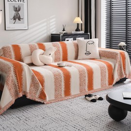 DREAMINGO Beige Orange Couch Cover 71x118 Inch Chenille Loveseat Cover Washable Stripe Jacquard 2 Seater Sofa Slipcover Modern Chic Furniture Protector for Sectional L Shape Couch