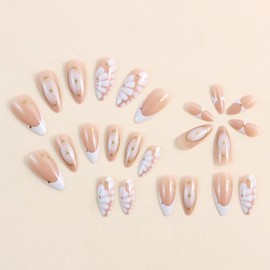 MERVF Almond Press on Nails Medium Fake Nail White French Tip Glue ons Gold Star Y2K Stiletto Acrylic Animal Print Design Manicure Glossy 24pcs