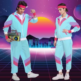 Miulruma Miulruma 80er Jahre Kostüm Herren Damen 80er 90er Jahre Outfit mit 80er Jahre Gürteltasche 80er Accessoire Retro Stil Mottoparty Kostüm Trainingsanzug Anzug Kleidung Blau A040M