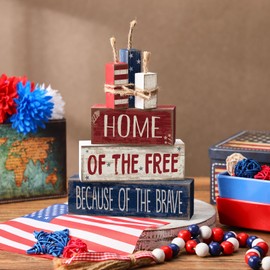 Moucuny 4 Pcs 4th of July Table Decorations Reversible Memorial Day Table Centerpiece Red White and Blue Patriotic Fireworks Block Sign with String for Independence Day Tiered Tray Decor(Firework)
