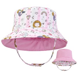 JUPSK Baby Bucket Hat Sun Protection Toddler Summer Hat Wide Brim with Chin Strap UPF50 Reversible Cap for Infant Kids Girls Boys 1-4 Years (Mermaid Pink)