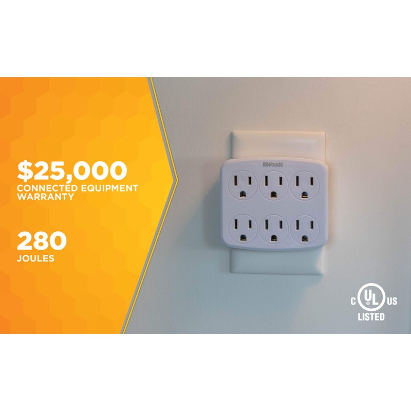 Woods 41197 6 Outlet Grounded Tap Surge Protector with Phone